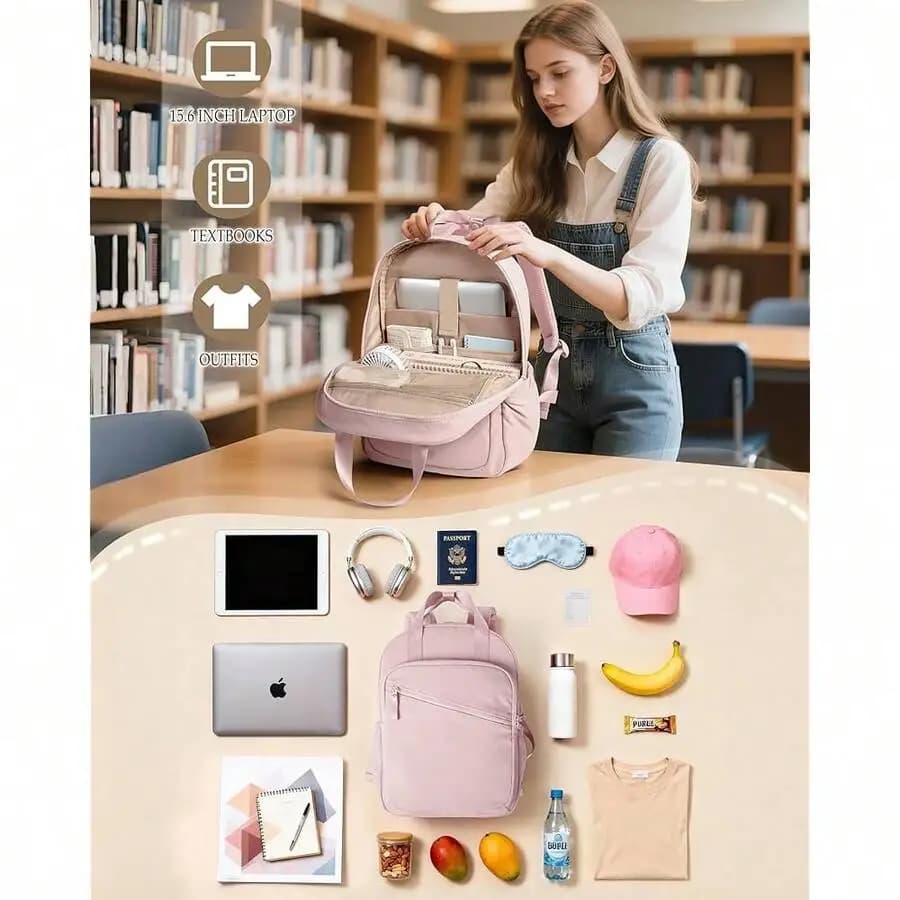 Women Lightweight Water Resistant Backpack With 15.6 Inch Laptop Sleeve 8 Pockets For Travel Work College Pink