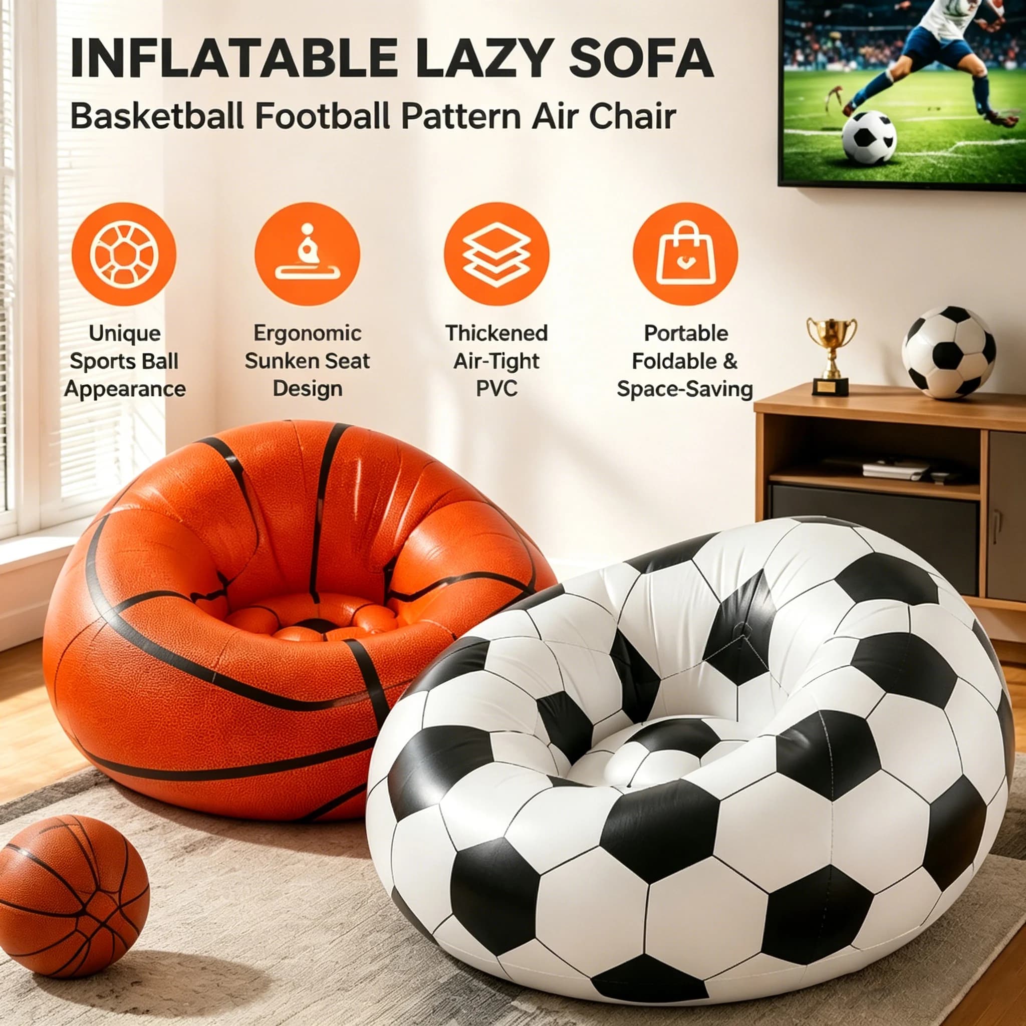 Inflatable Sofa Basketball Football Pattern Air Chair Ergonomic Inflated Seat Lounge Couch for Indoor Room Outdoor Camping