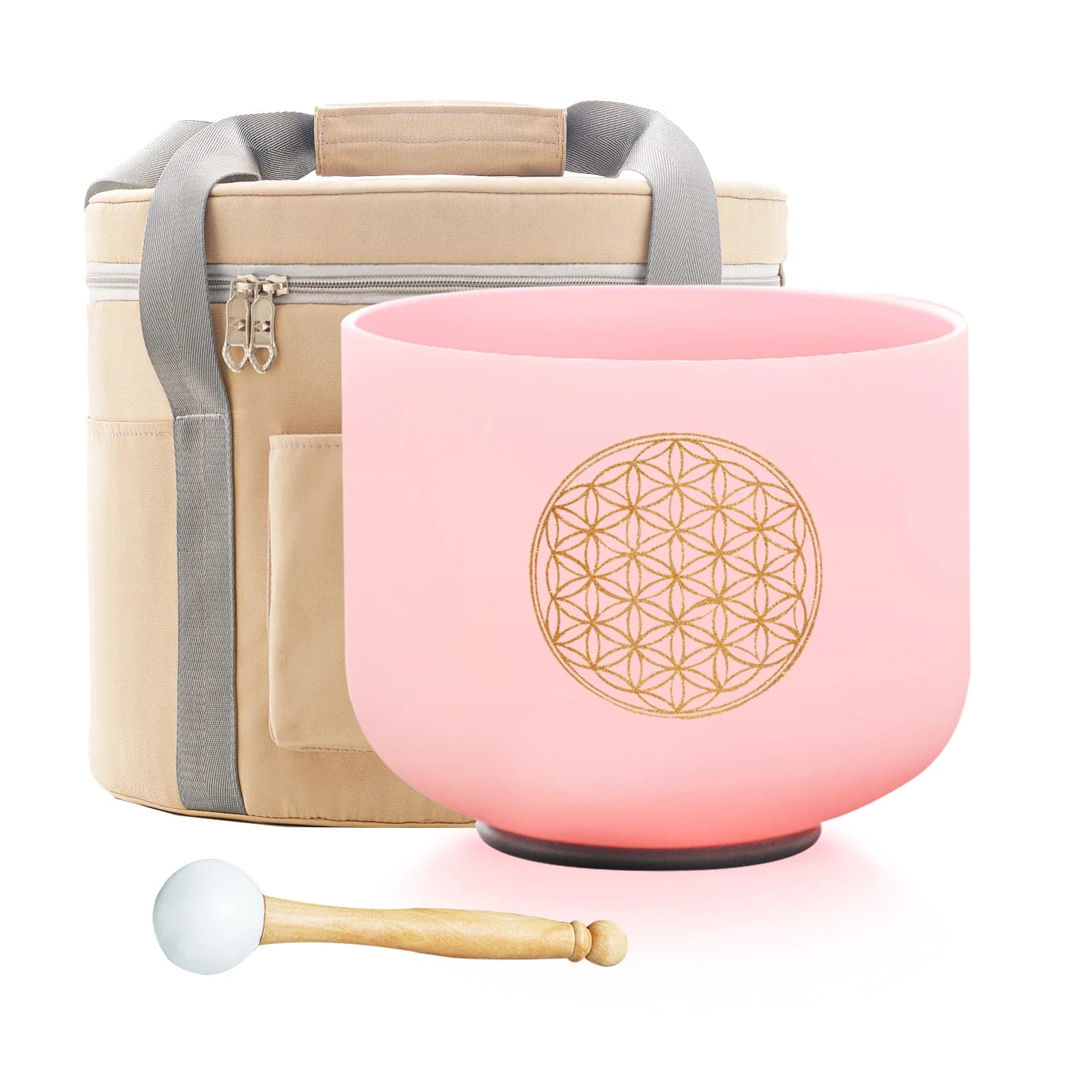 Hey-eun 528Hz 8 Inch C Note Life Flower Chakra Pink Frosted Quartz Crystal Singing Bowl for Sound Healing with Free Mallet