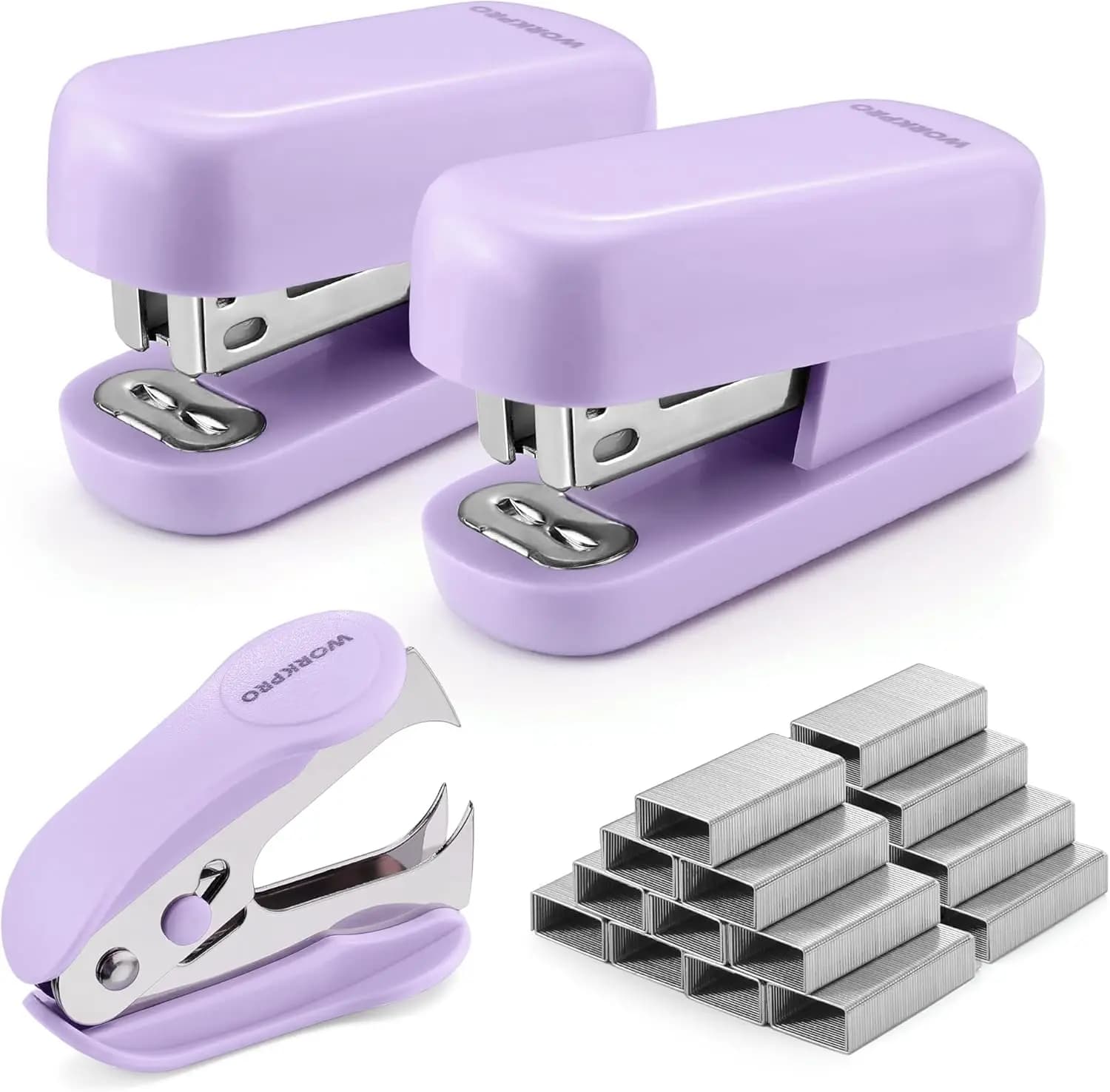 Set Mini Cucitrice con 2000 Graffette, Base Antiscivolo e Blocco di Sicurezza, Cucitrice da Scrivania Viola per Ufficio, Scuola, Casa