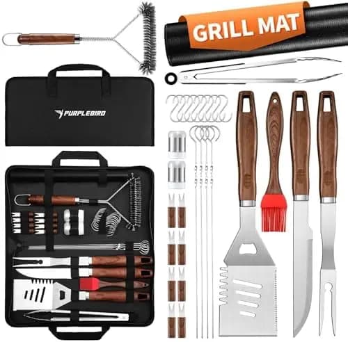 Set BBQ PURPLEBIRD 31 Pezzi per Grigliate all'Aperto – Kit di Utensili in Acciaio Inox Resistente con Borsa e Tappetino