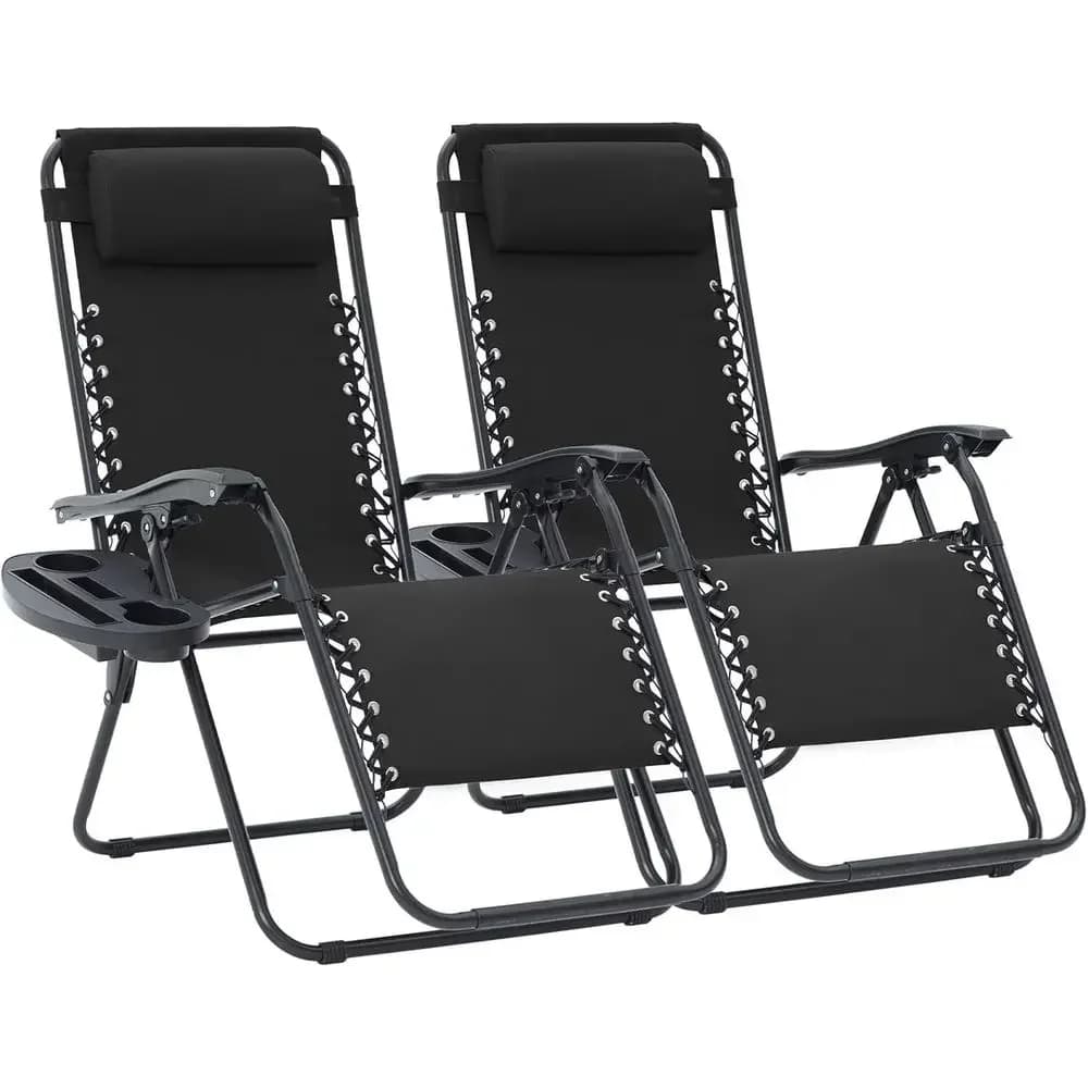 Zero Gravity Lounge Chairs Set o 2, Adjustable Steel Mesh Recliners with Pillows and Cup Holder Trays or Patio, Garden, Beach, B