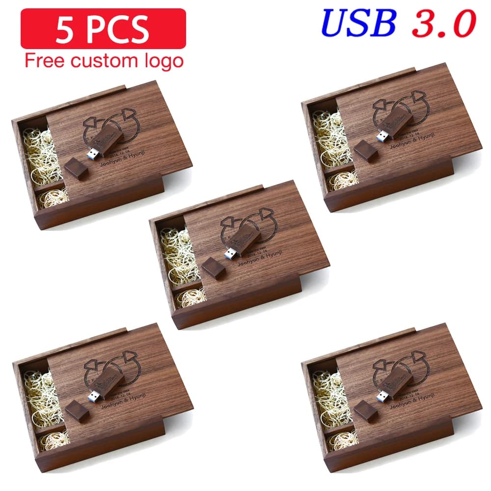 5 PZ All'ingrosso USB3.0 Logo Personalizzato Gratuito Pen Drive 128 GB Scatola di Legno Memory Stick 64 GB Album di Foto di Nozze USB 3.0 Flash Drive 32 GB