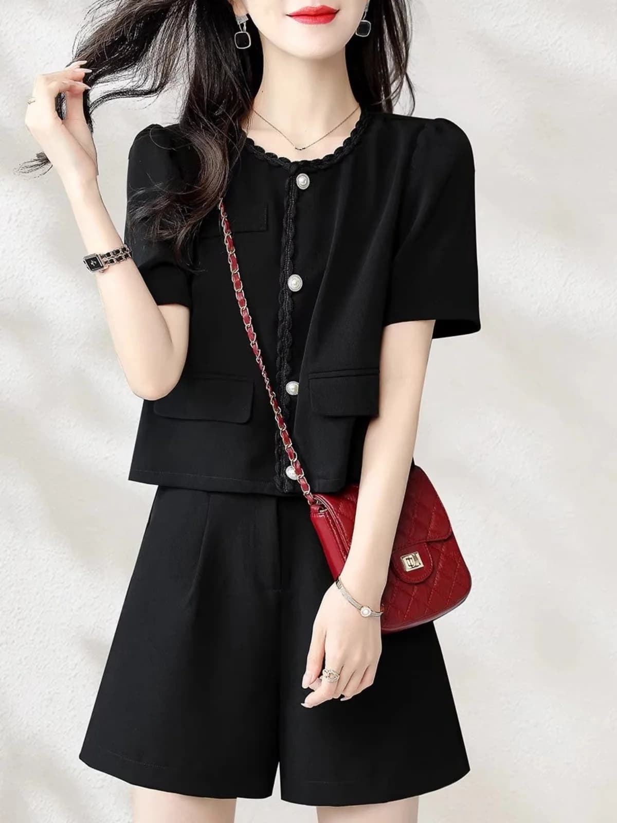 Fashionable Short Sleeve Top And Shorts Set for Women Outlet Brand Small Fragrance Style Cotton round Neck Pullover Two-Piece...
