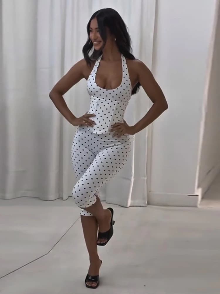 Completo sexy due pezzi a pois da donna: top corsetto senza maniche con lacci e pantaloni cropped - Nuovo outfit estivo Y2K 2026
