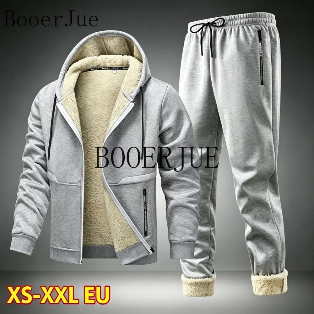 2 Piece Warm Outdoor Hiking Running Sports Set Men's Tracksuit Fleece Hooded Thickened Winter Outfit Zip Up Hoodie + Sweatpants