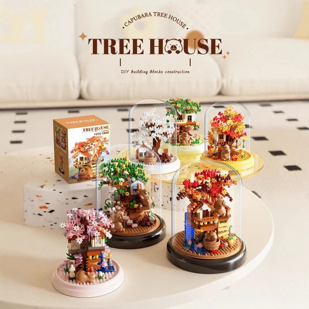 Cabina espositiva Costruzione di mattoni Animali Casa sull'albero Micro blocco di diamanti Cartoon Capibara Casa sull'albero Nanobricks Giocattoli per regali