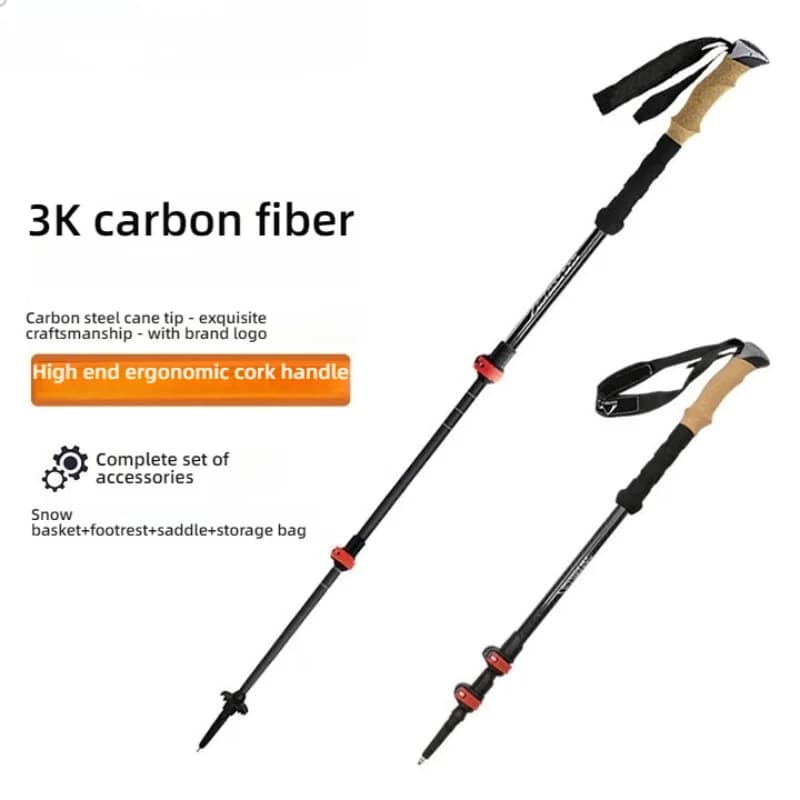 Bastone da trekking telescopico in carbonio a tre sezioni da 2 pezzi, canna da trekking in fibra di carbonio, palo pieghevole da trekking ultraleggero