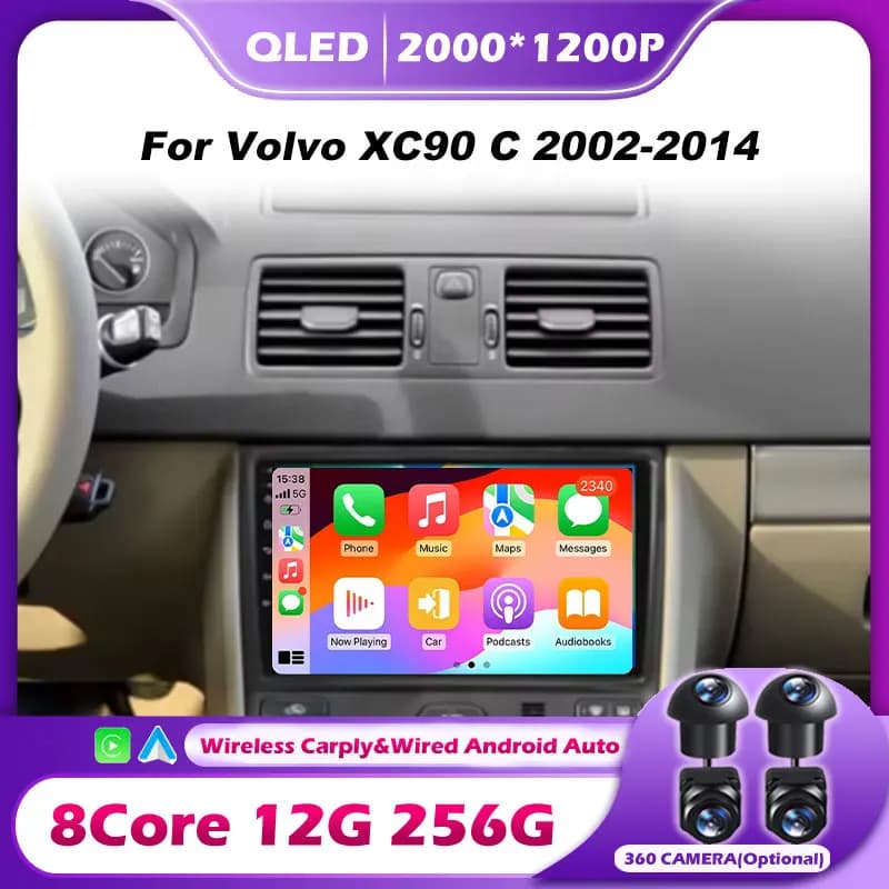 Autoradio Android 16 da 10 pollici per Volvo XC90 C 2002-2014 Lettore multimediale video Schermo QLED Navigazione stereo GPS WIFI No 2din dvd
