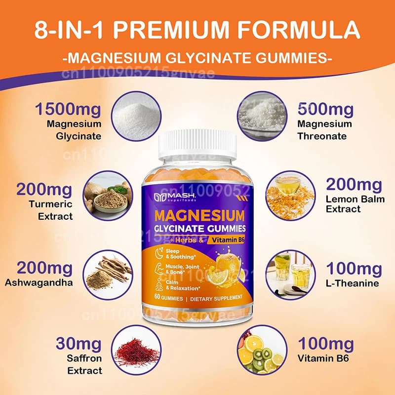 Magnesium and Glycine, Magnesium and Potassium Supplements with Vitamin D, B6, Coenzyme Q10, 60 Rubbers