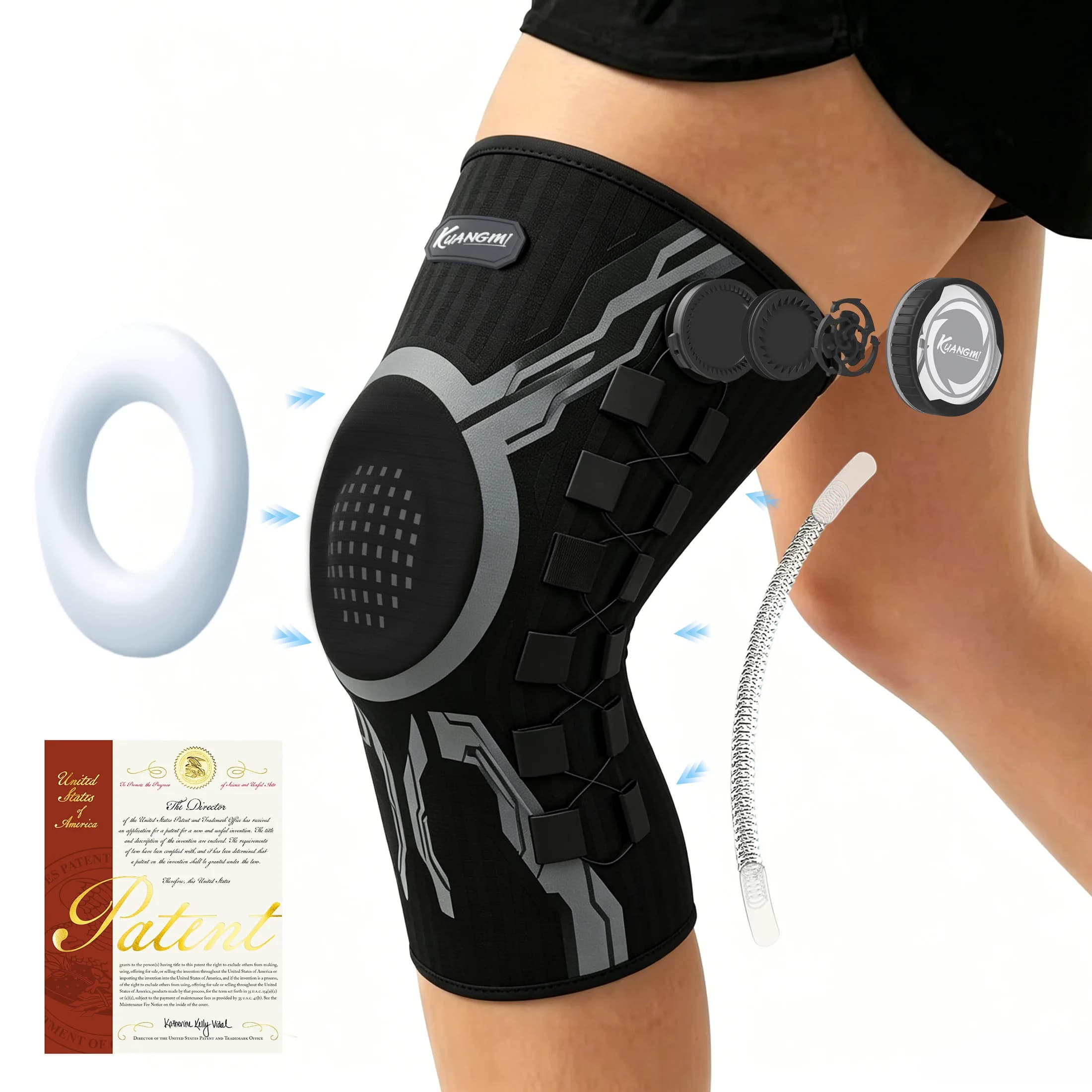 Kuangmi Ginocchiera Smart Knob con cuscinetto in gel rotuleo e stabilizzatore laterale, ginocchiera a compressione per esercizi (singolo)