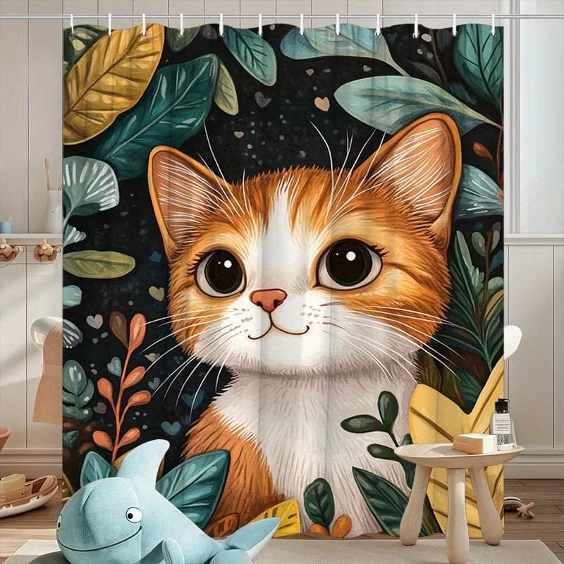 ~O~ Tenda da doccia per gattino tropicale - Gattino arancione e bianco, design occhi grandi, foglie giungla giocose, poliestere, elegante bagno De