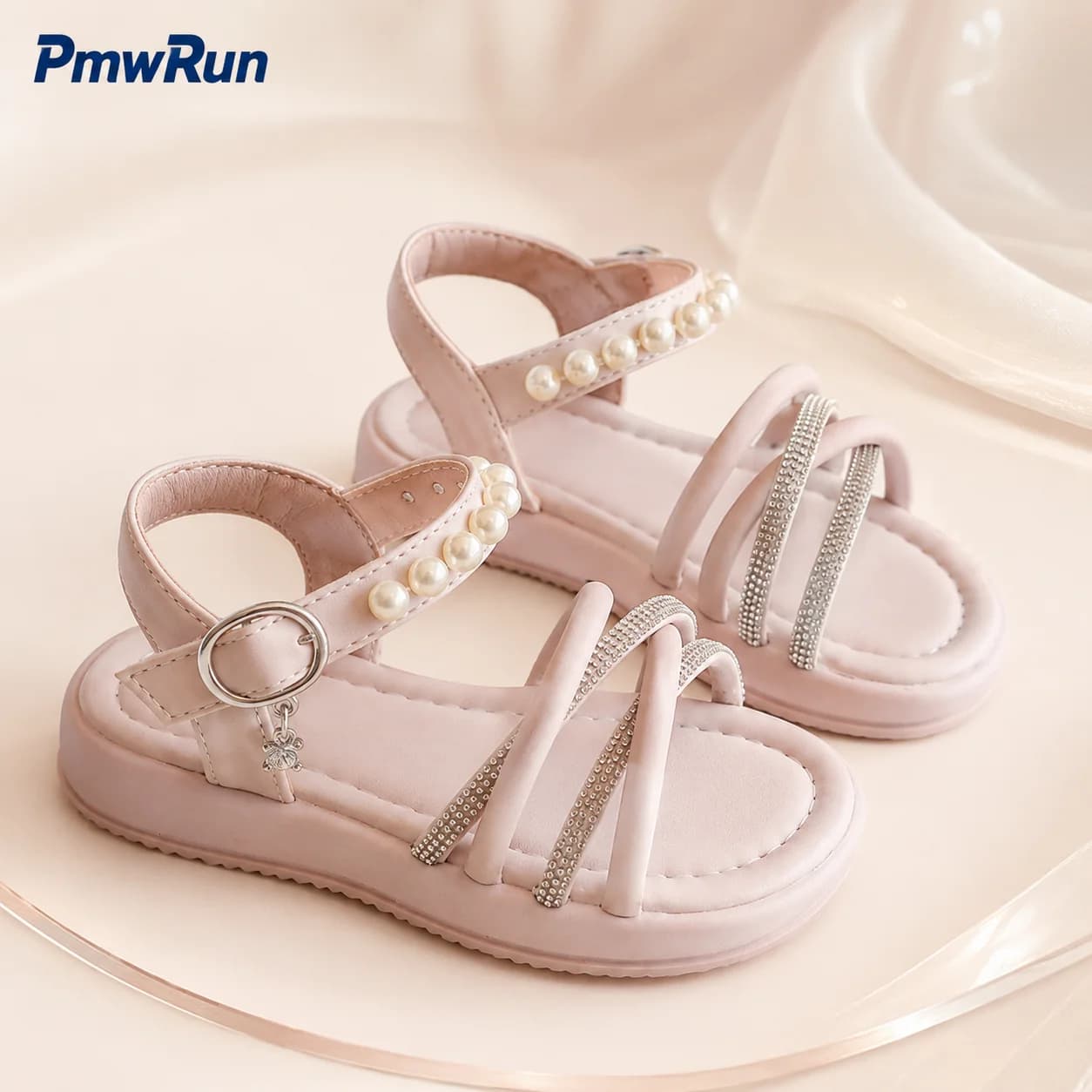 Korean Style Princess Sandals For Girls Luxury Rhinestone Pearl Girl's Sandal Anti-slippery Summer Barefoot Sandals For Children