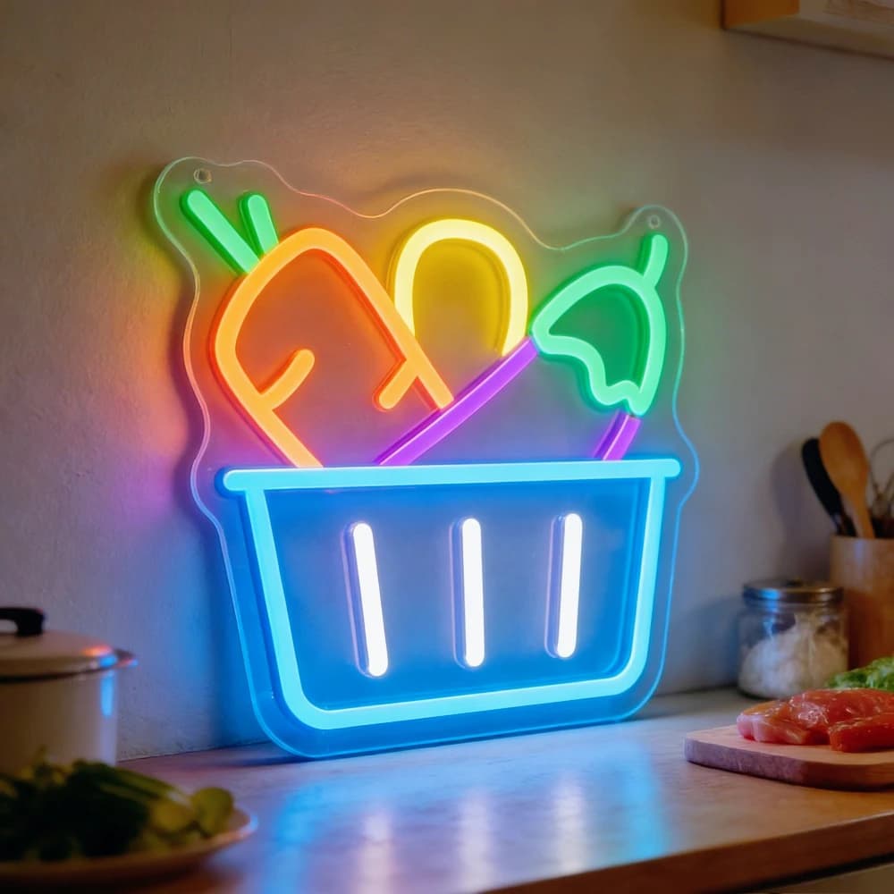 Insegna al Neon a Forma di Cesto di Verdure, Luce Colorata per Cucina, Arte Murale Unica, Decorazione Divertente per Caffè e Casa, Regalo Personalizzato per Amanti del Cibo