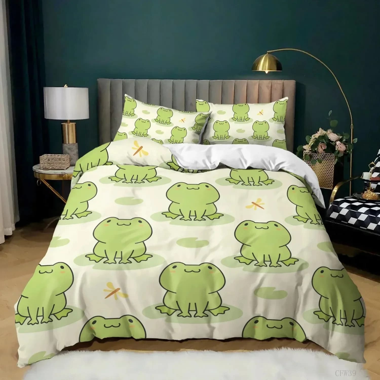 Set copripiumino rana cartone animato Set biancheria da letto verde chiaro rana cartone animato simpatico libellula animale per ragazzo Copripiumino doppio in poliestere