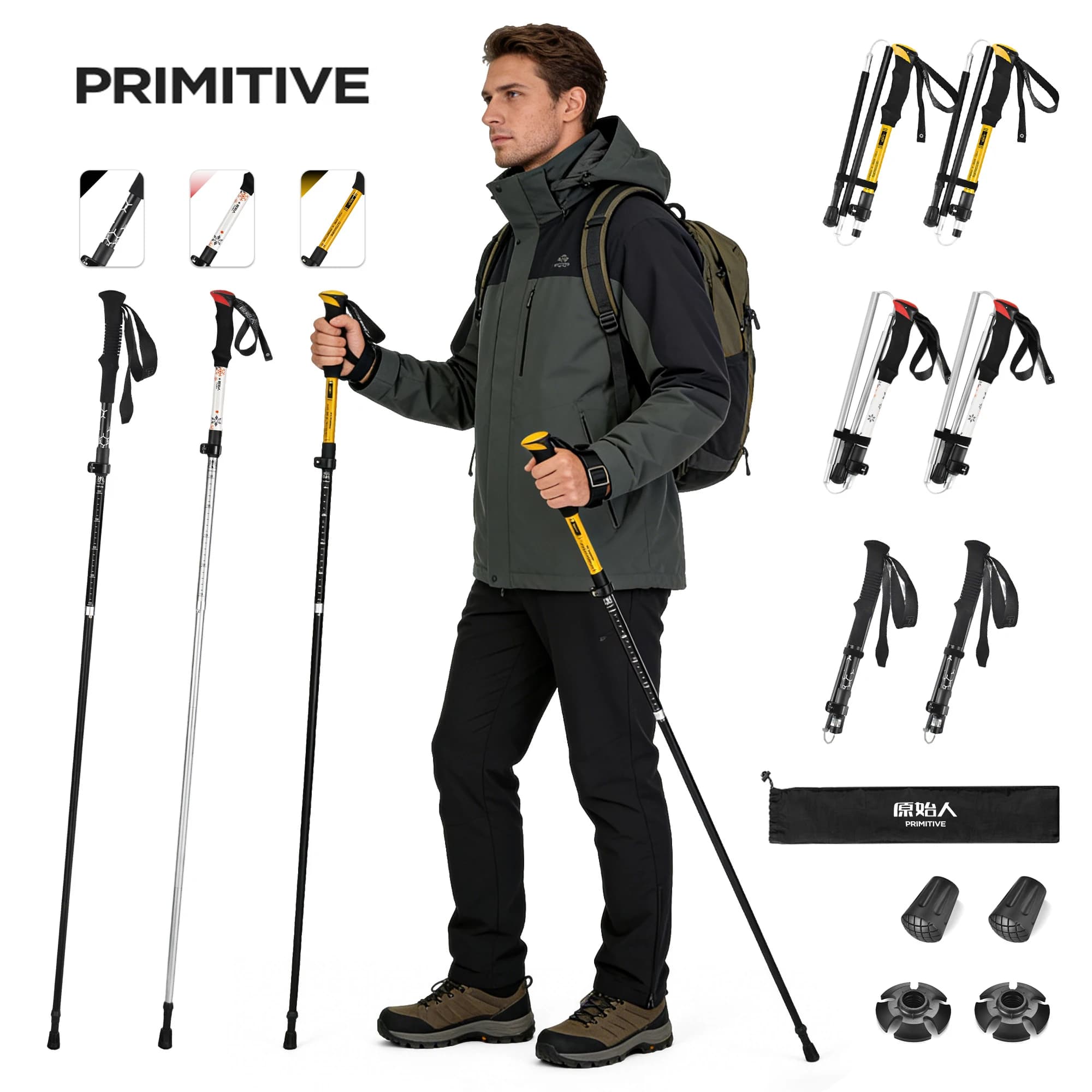 Bastoncini da Trekking PRIMITIVE in Lega di Alluminio 7075, Regolabili, Leggeri, Pieghevoli, Portatili per Escursionismo, Campeggio e Montagna