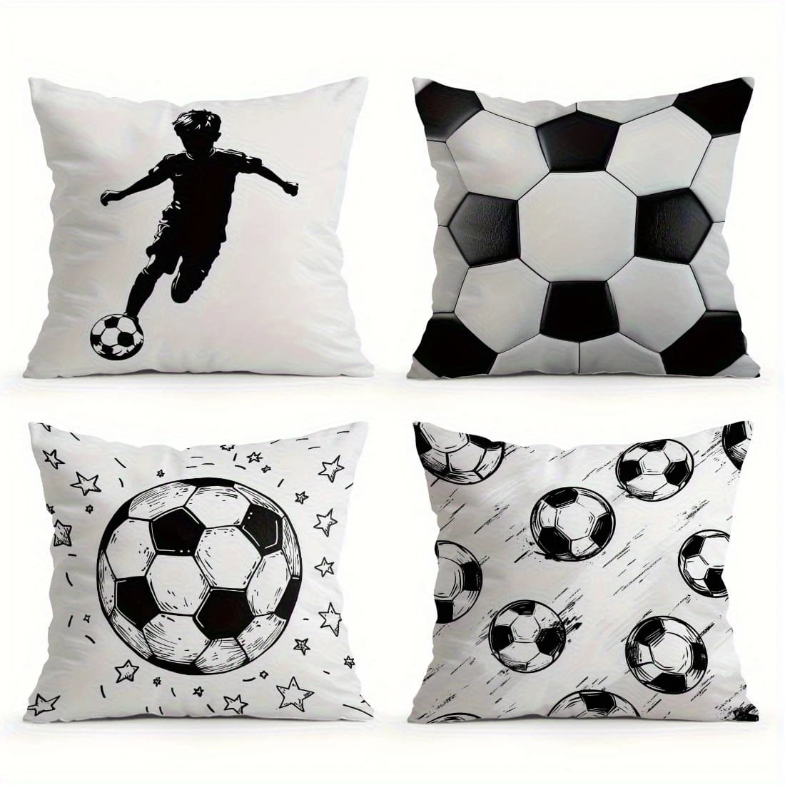 1/4pcs Soccer Themed Throw Pillow Covers Black and White Sports Decorative Pillowcases for Boys Bedroom Living Room