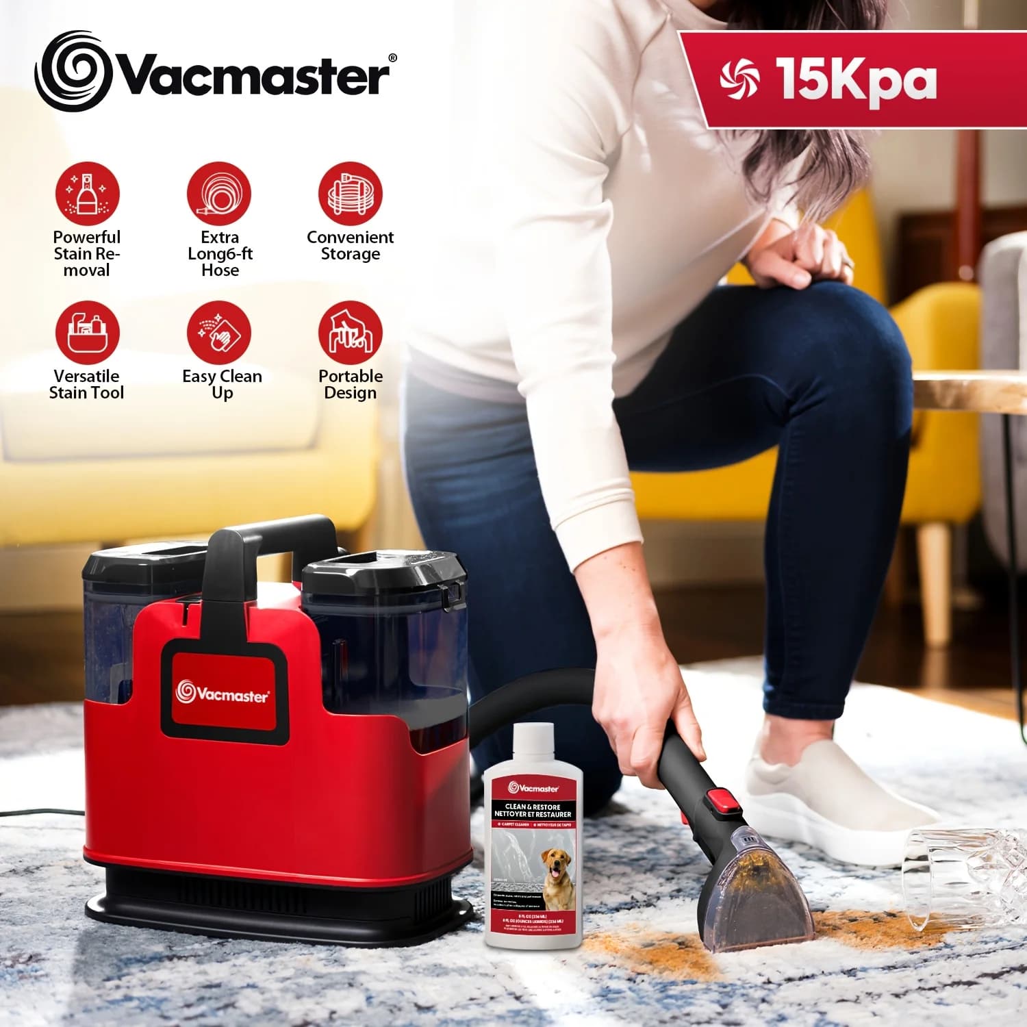 Macchina portatile per la pulizia di tappeti e rivestimenti serie 400, aspirazione potente da 15Kpa con strumenti versatili per animali domestici, tappeti e moquette