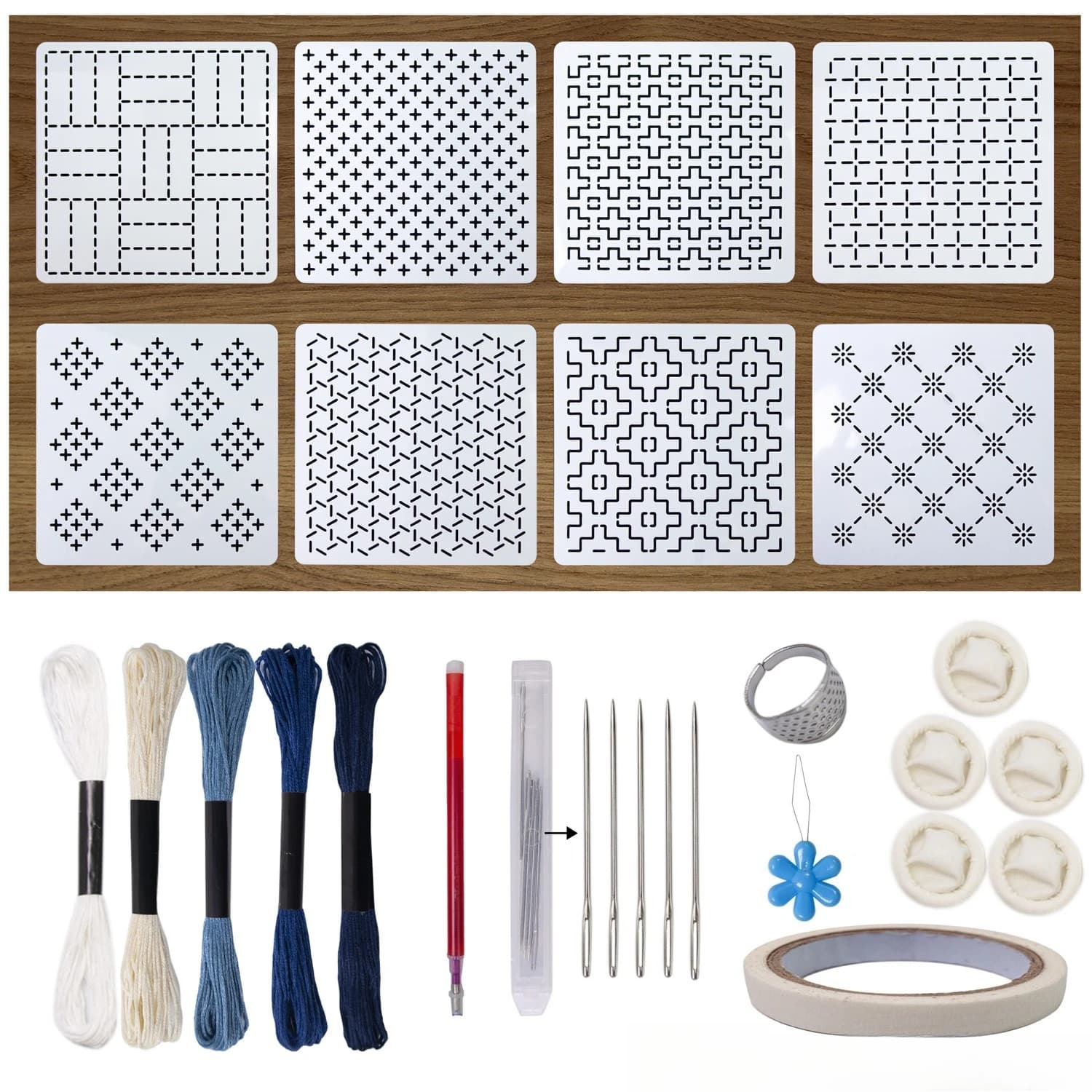 Embroidery Template Set 8Pcs, Hand Embroidery Patterns, DIY Sewing Starter Kit with Fabric Needles Thread for Beginners