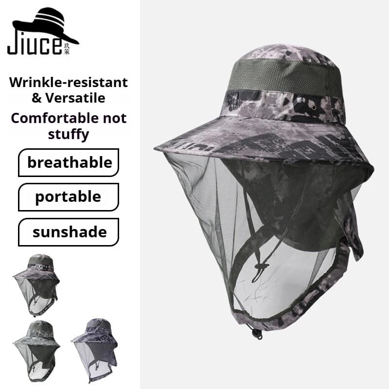 Camouflage Fishing Hat with Mosquito Net Face Cover,Wide Brim Sun Hat,Breathable Outdoor Boonie Hat for Fishing Hiking Camping