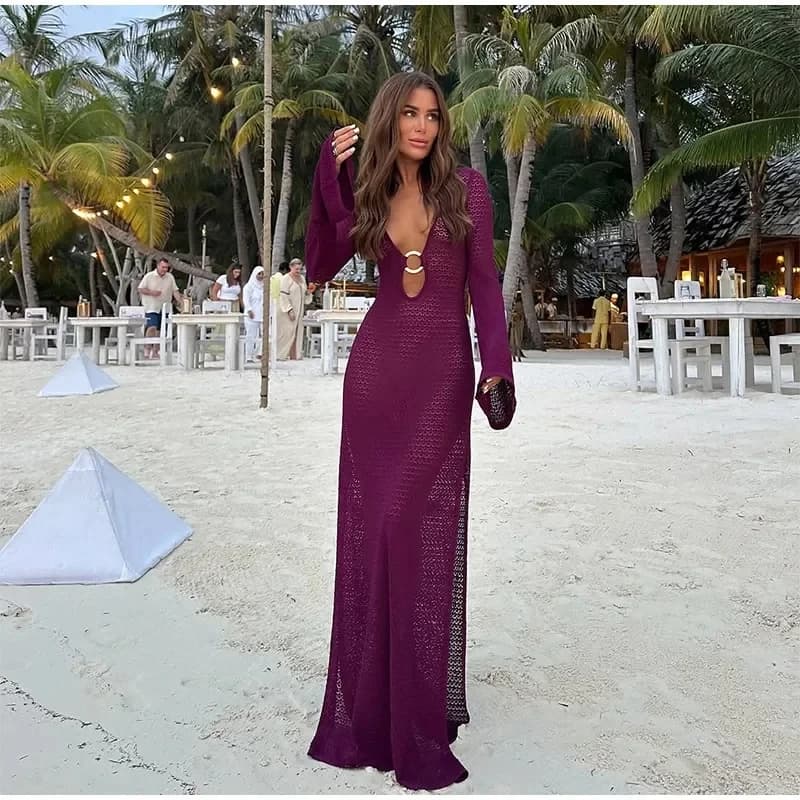 Abito lungo in maglia con giunture con fibbia ad anello in metallo scavato sexy da donna Abiti lunghi slim a maniche lunghe chic Abiti da festa in spiaggia da donna