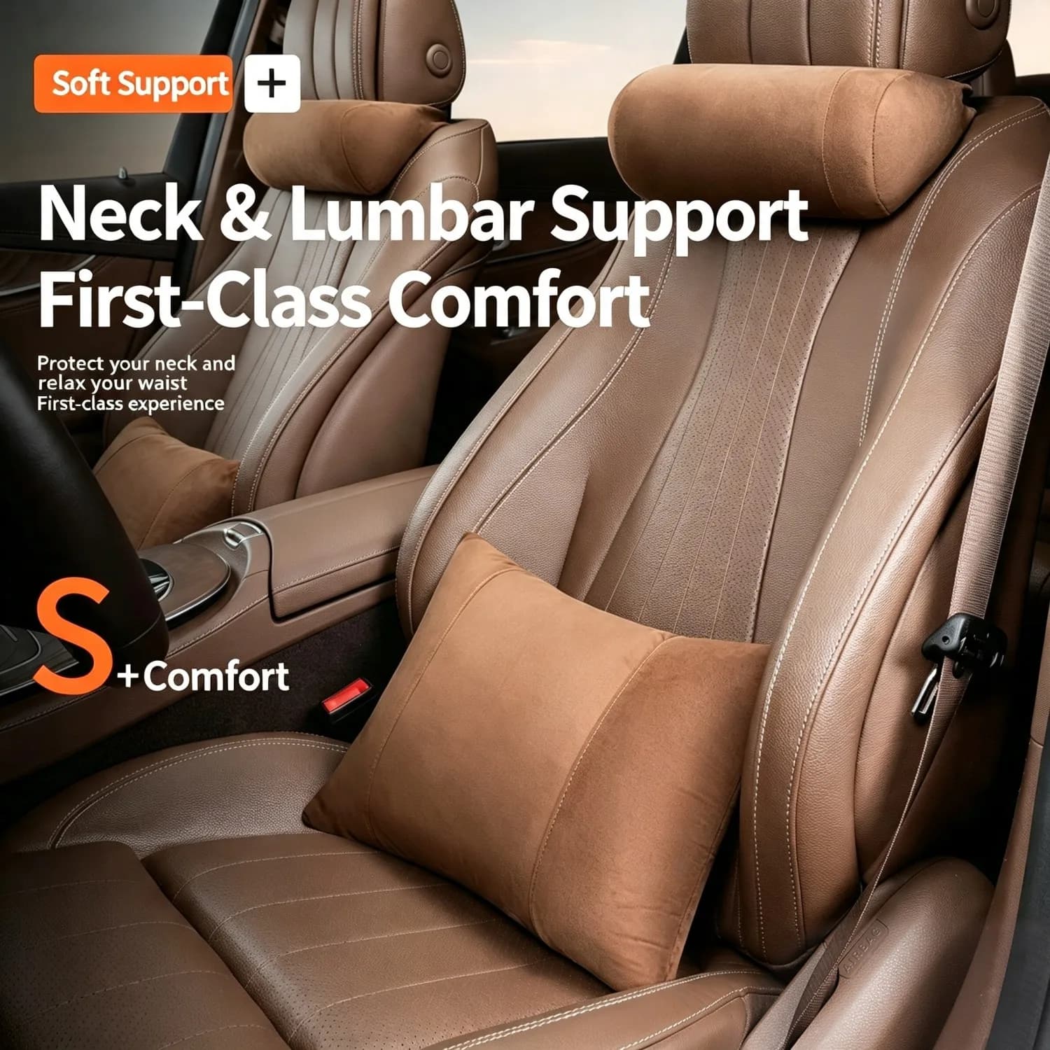 2PCS Car Seat Neck Waist Cushion Suede Car Headrest Lumbar Support Pillow Interior Accessories For BMW Audi VW Mercedes-Benz