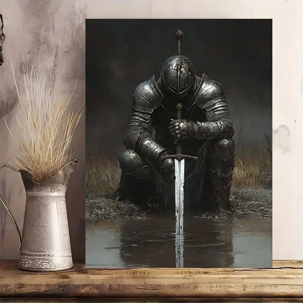 Wooden Framed Canvas Wall Art | Medieval Knight Painting | Dark Fantasy Warrior Decor | Ready-to-Hang Home & Bathroom Decor | Un