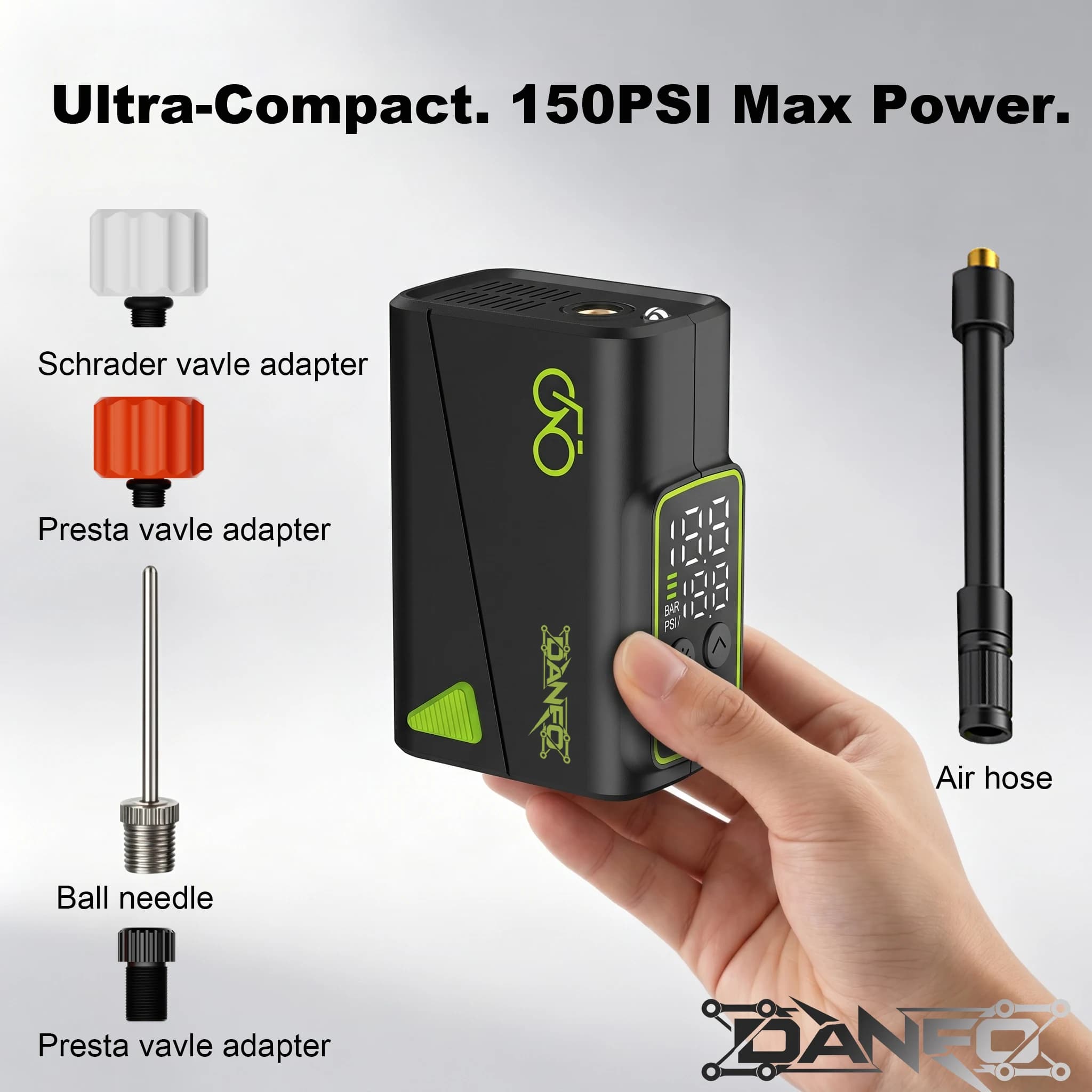 DANEO Portable Tire Inflator 150PSI Cordless Electric Bike Pump with Digital Gauge for E-Bike, Road/Mountain Bike, Car&Balls