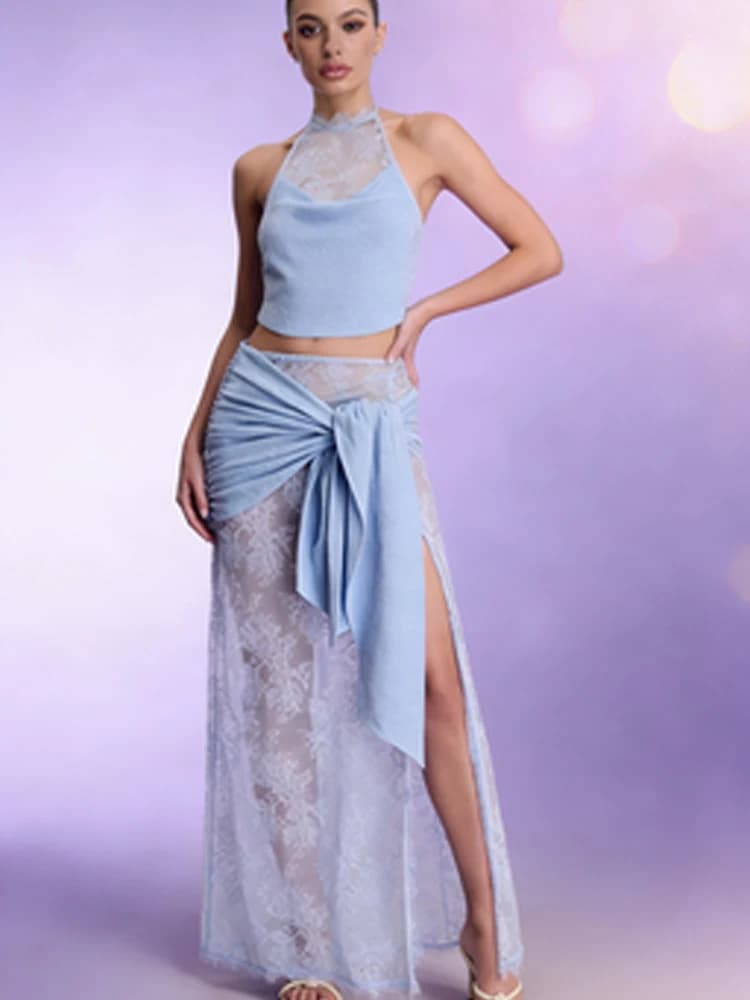 Set Gonna Maxi in Pizzo all'Uncinetto con Patchwork, Sexy Gonna Plissettata Trasparente con Spacco per Donna, Outfit da Spiaggia per Vacanze 2026