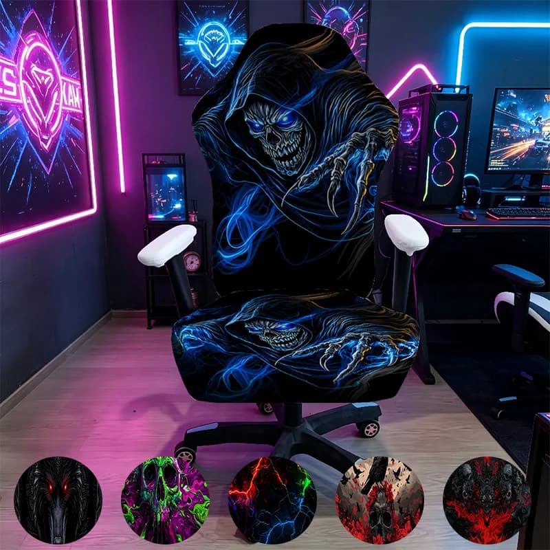 Blue Flame Grim Reaper Skull Gaming Chair Cover, Stretch Elastic Anti-Scratch Slipcover for Gamer & Office Chair