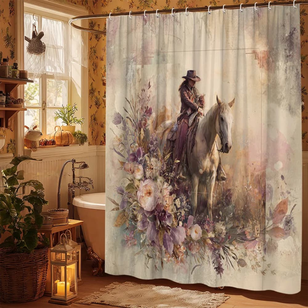 Tenda da doccia rustica 2D piatta, 1 pezzo, con design floreale a tema cavallo, in tessuto di poliestere. It Se