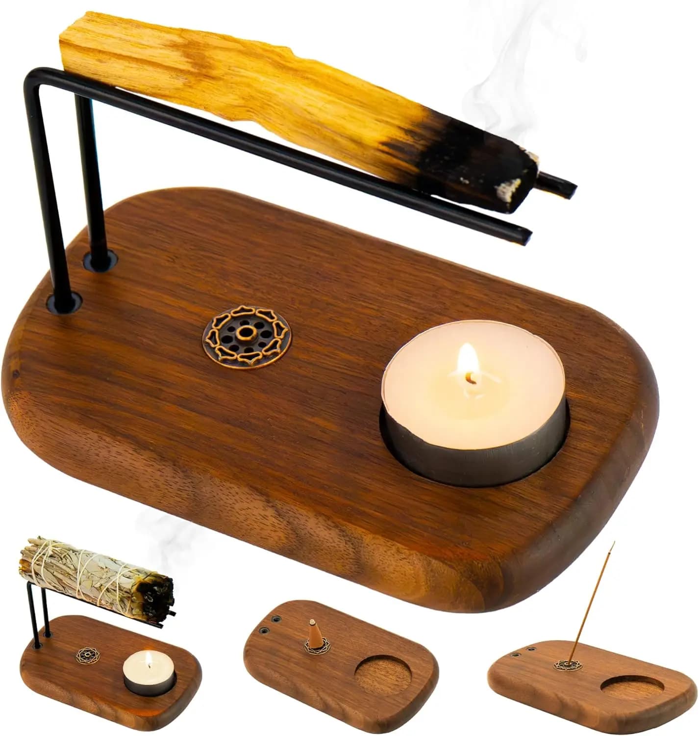 Portaincenso Artigianale in Legno di Noce per Palo Santo, Bruciatore 4-in-1 per Bastoncini d'Incenso, Salvia e Decorazione per Sala di Meditazione