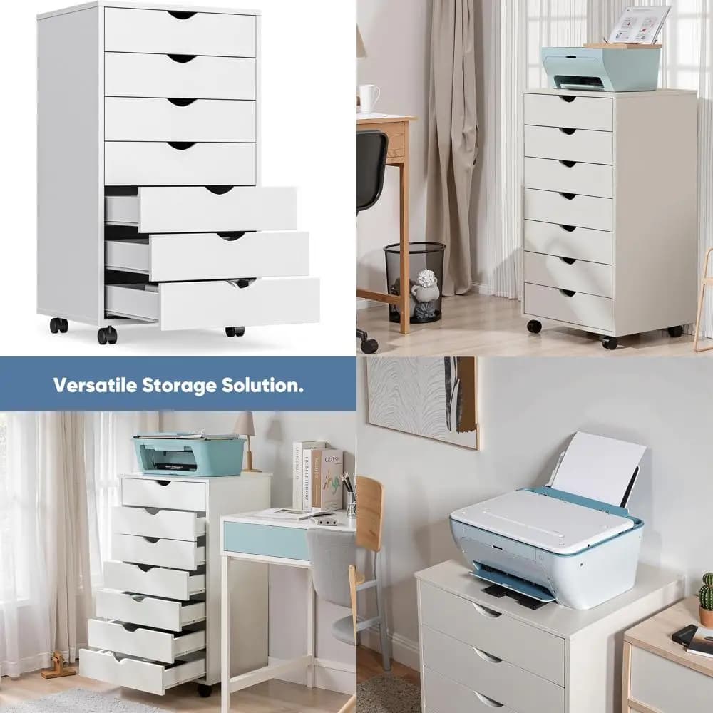 Organizer sotto scrivania con ruote, contenitore mobile per scrivania piccola, supporto per stampante, bianco, 15,75P x 18,74L x 34,25A