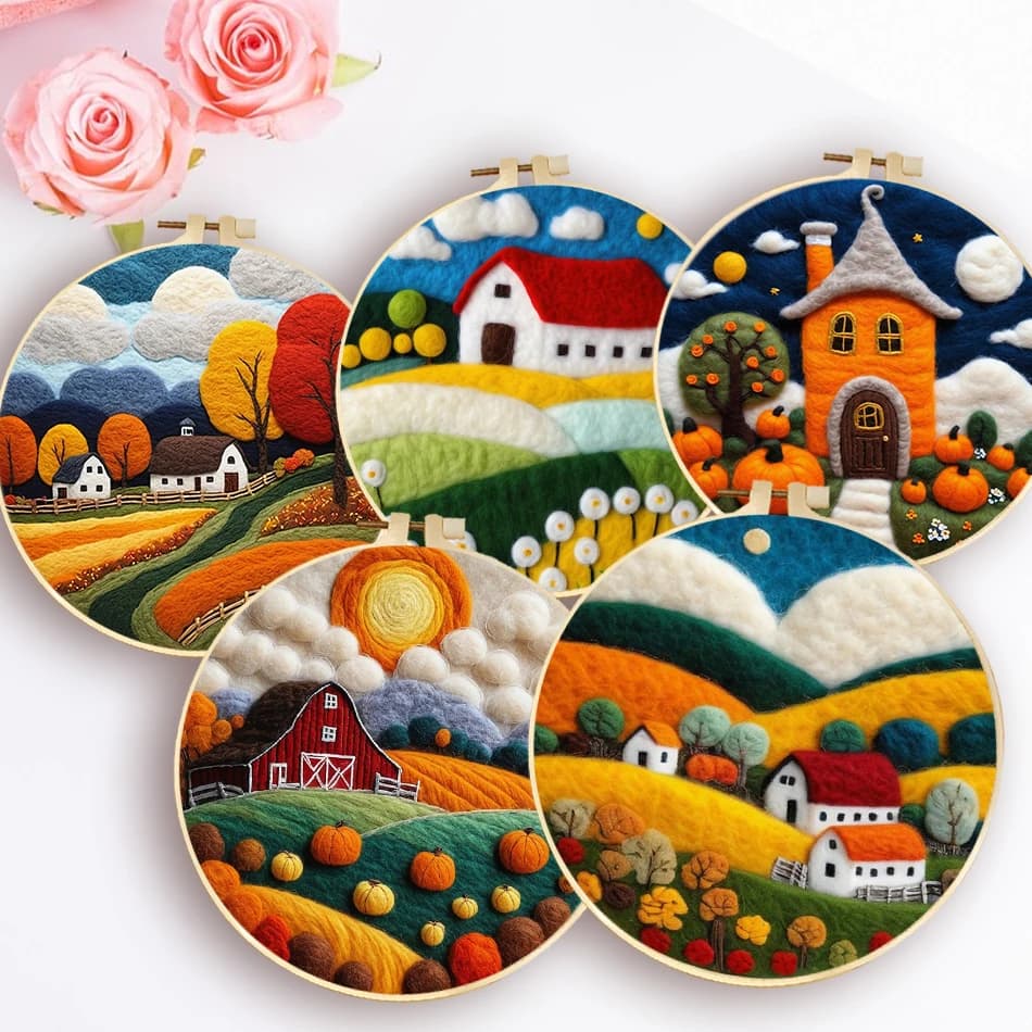 20x20cm Frame With Painting DIY Felting For Beginner Wool Embroidery Kit Landscape Painting Needle Wool Handcraft Gift