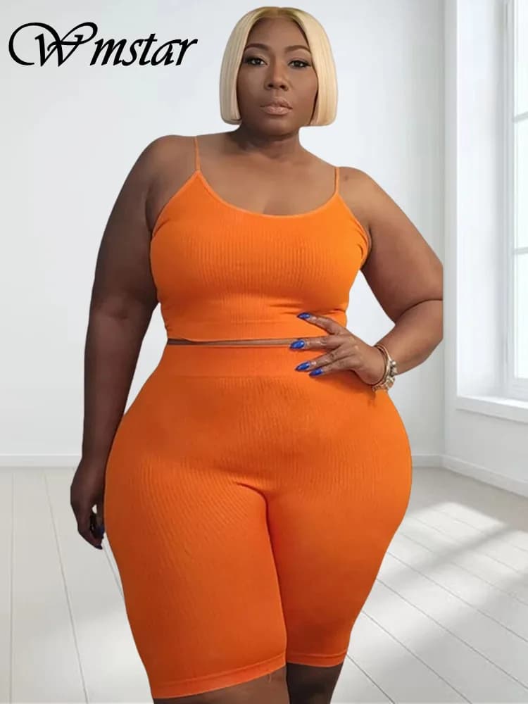 Wmstar Plus Size Shorts Set Vest Crop Top and Coordinated Trousers Set Casual Cycle Bike outfit Two-piece Dropshipping Set wholesale