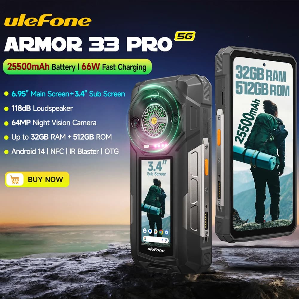【2025 Nuovo】Ulefone Armor 33 Pro 5G Telefono robusto Smartphone Android 14 32 GB + 512 GB 25500 mAh Telecamera notturna 64 MP NFC Altoparlante