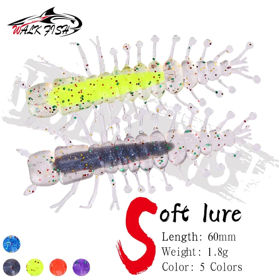 WALK FISH 5 pezzi/lottp simulazione di esche da pesca millepiedi Soft Bait 1.7g 6cm PVC + TPR esche artificiali galleggianti con paillettes Laser