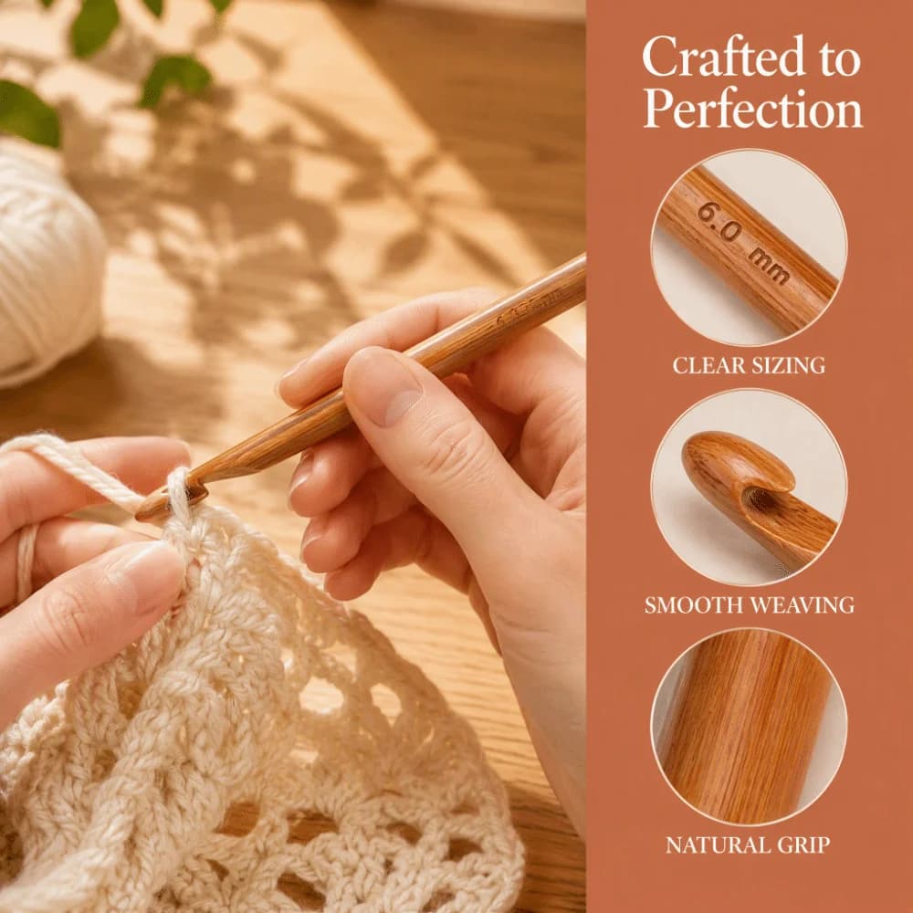 12 Pcs Carbonized Bamboo Crochet Hooks Ergonomic Handle Recognizable Size Knitting Needles 3 to 10 mm Diameters