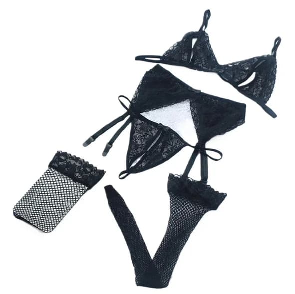 Set Lingerie Donna in Pizzo 4 Pezzi: Reggiseno Aperto con Bretelle, Sexy con Reggicalze e Mutandine, Set Reggiseno Push-Up, Biancheria Intima Trasparente e Calze a Rete