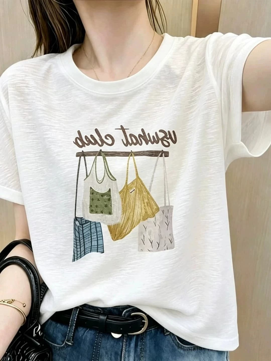White Letter Print Loose Short Sleeve T-Shirt Women's Summer plus Size Conceal Belly Slimming Top Korean Style Casual Wear