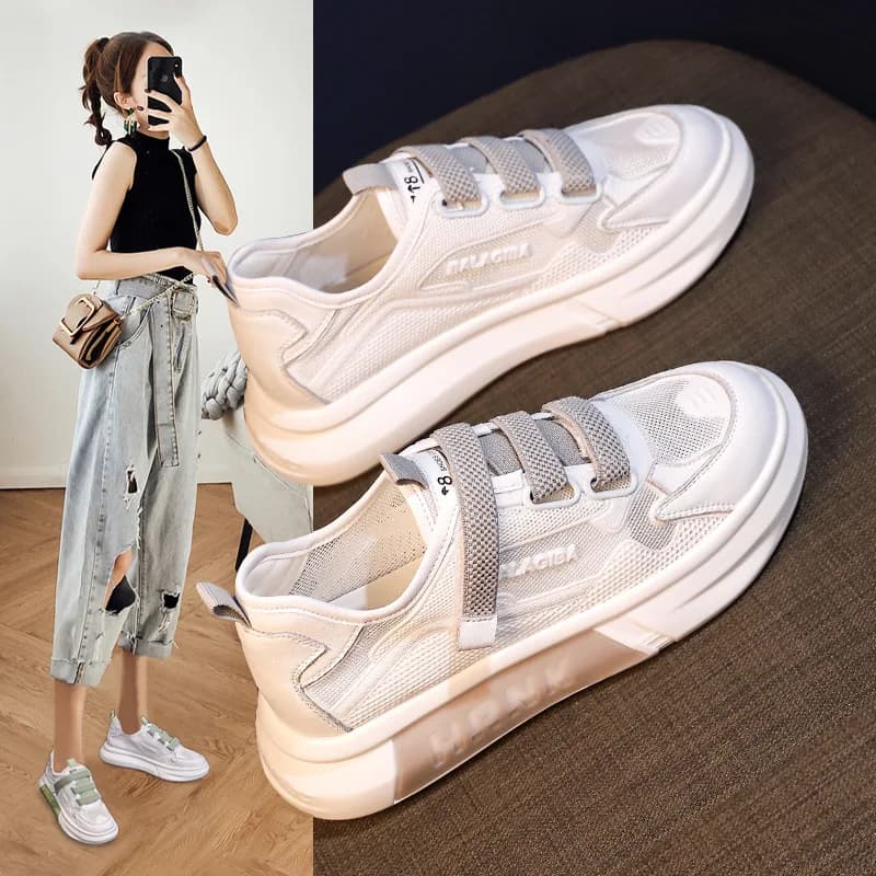 Scarpe da ginnastica bianche con suola grossa da donna – Scarpe in rete traspirante con cinturino in velcro per un abbigliamento casual quotidiano