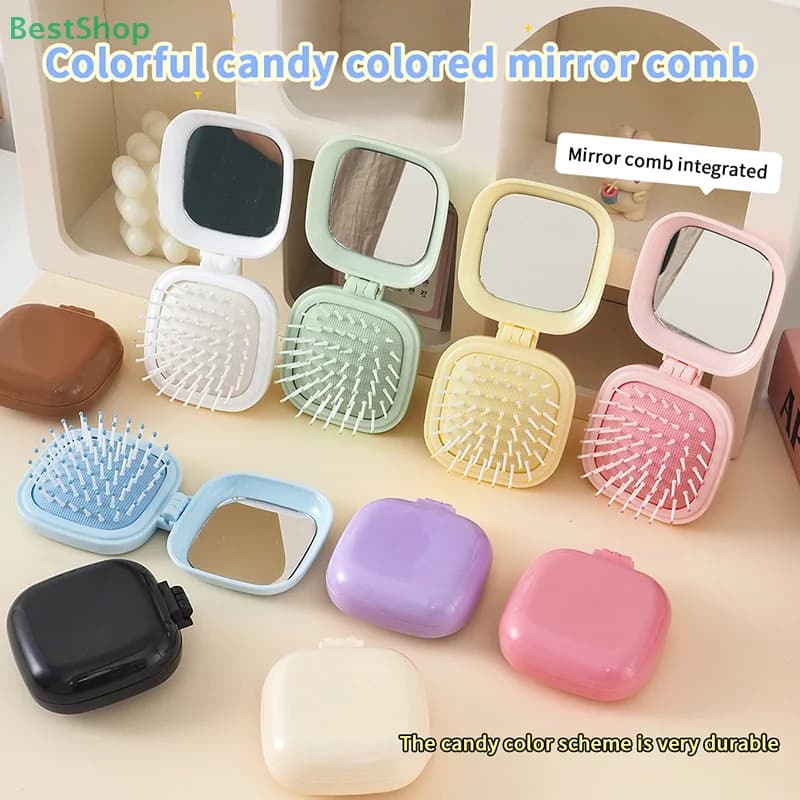 ☆ Mini candy color air pillow comb with mirror folding portable travel massage comb