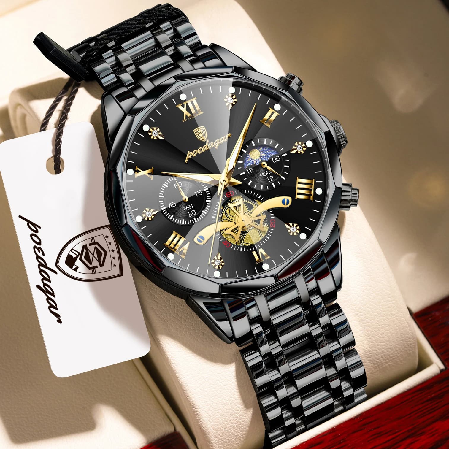 POEDAGAR Orologio da Uomo di Lusso, Impermeabile, Luminoso, Cronografo, in Acciaio Inossidabile, al Quarzo, per Affari