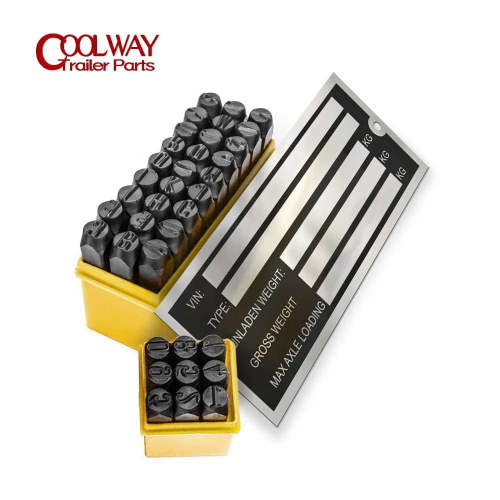 Frame plate with empty weight for trailer with 4 mm steel metal number and set of punches for letter stamps