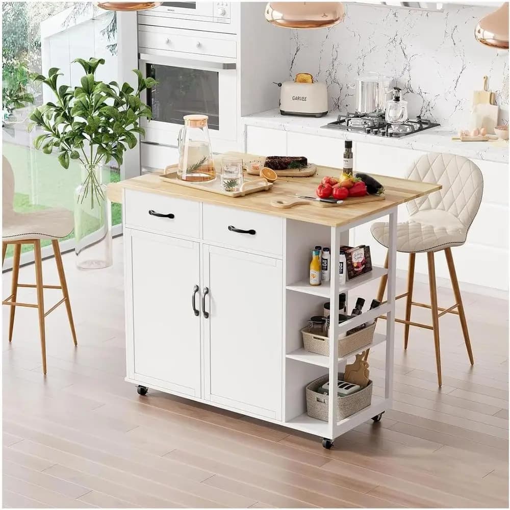Isola Cucina Mobile con Piano Ribaltabile, Armadietto su Ruote, 2 Cassetti, 3 Portaspezie e Portasciugamani, Bianca