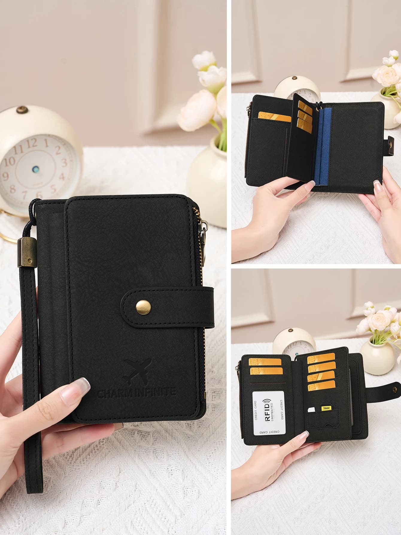 Mini Portafoglio per Passaporto in Pelle PU, Design Corto con Protezione RFID, Organizer da Viaggio Compatto e Portatile per Donne e Uomini, Nero