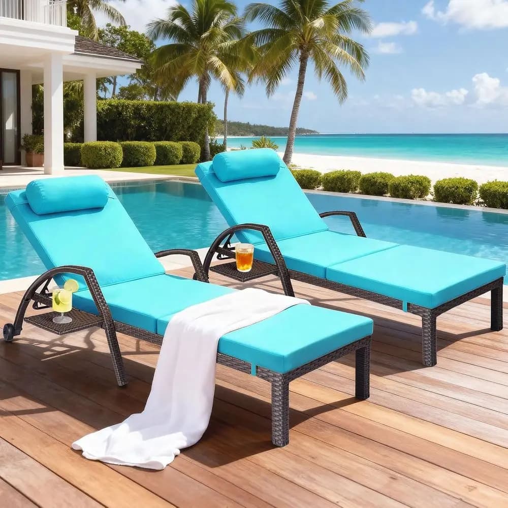 Set of 2 Chaise Longue from Exterior in Vimini with Adjustable Back, Removable cushions and tray Drink racks for Relaxing in Bordo Pool