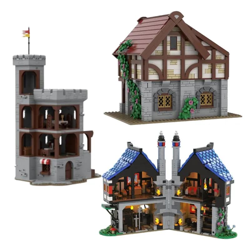 Blocchi di costruzione di assemblaggio di piccole particelle MOC-155425 1325 pezzi casa medievale forgero negozio castello orologio torre modello di edificio giocattolo