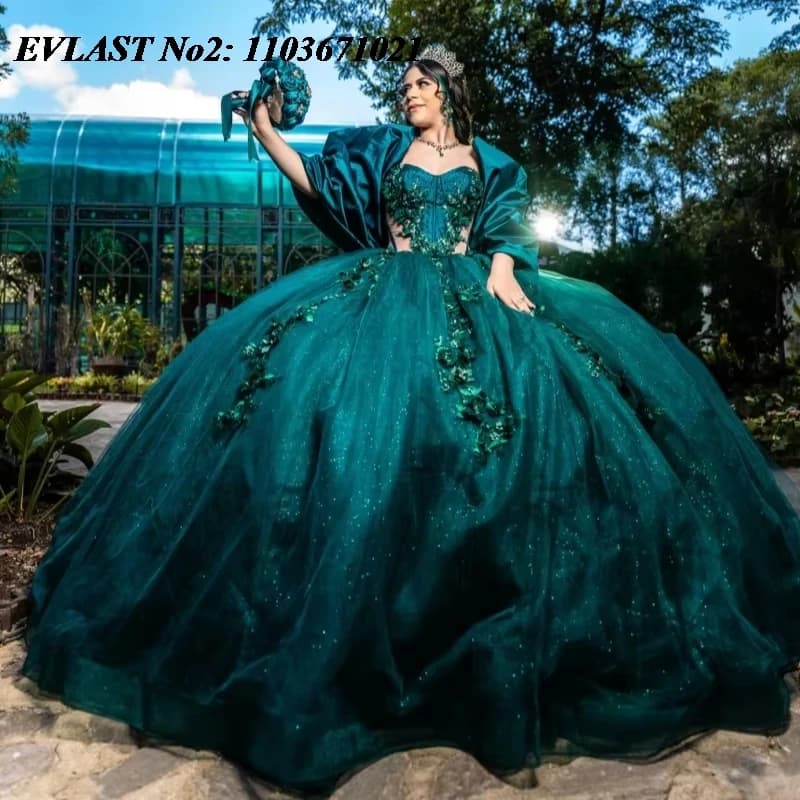 EVLAST Personalizzato Lucido Verde Neroastro Abito Quinceanera Abito di Sfera Applique Floreale Che Borda Dolce 16 Abiti Da 15 Anos E2Q13