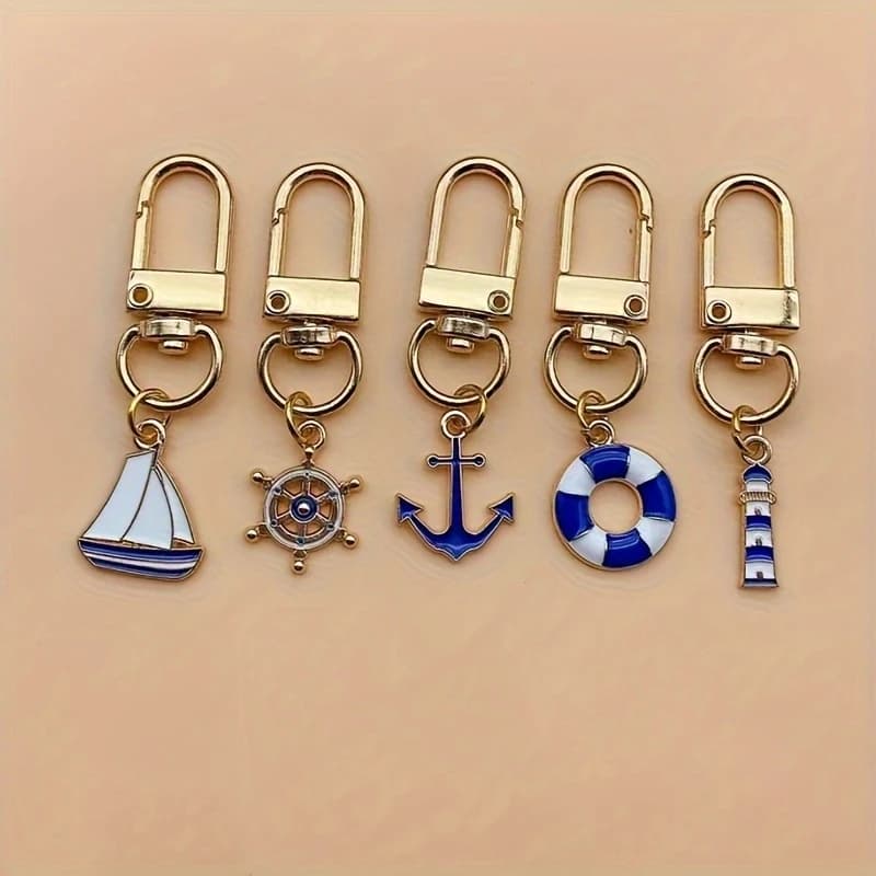 Set di 5 ancora decorative, salvagente, barca a vela, torre acquatica, gancio per timone, portachiavi da uomo, adatto per barche a vela, gancio decorativo per